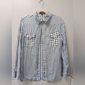 Velvet Heart long sleeved button down with varying sizes of blue checks. Size L.